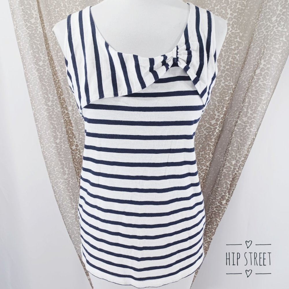 TOMMY HILFIGER Sleeveless Gathered Neck Overlay Nautical Stripe Jersey Tee Top M
